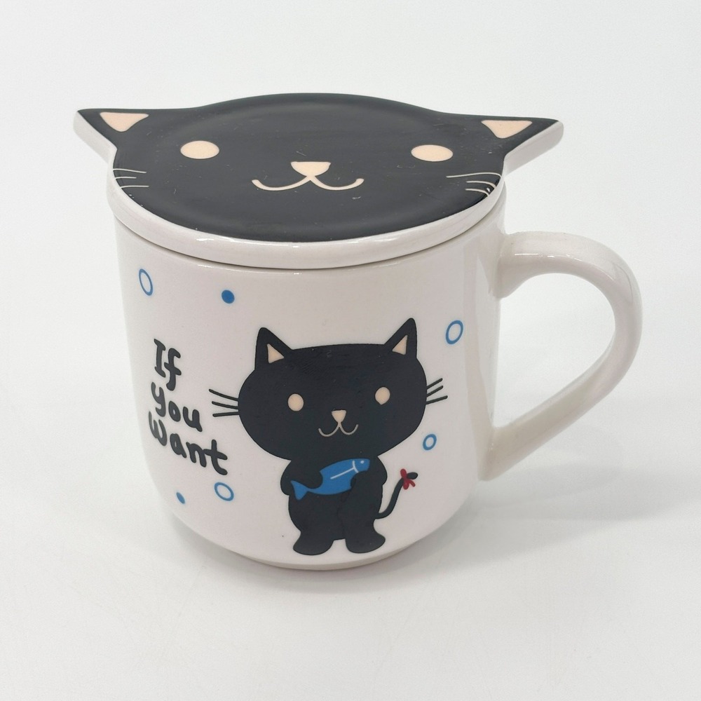 Cute Kitty Black Cat Coffee Mug with Lid, "If You Want" Design, Wide Ceramic Cup
